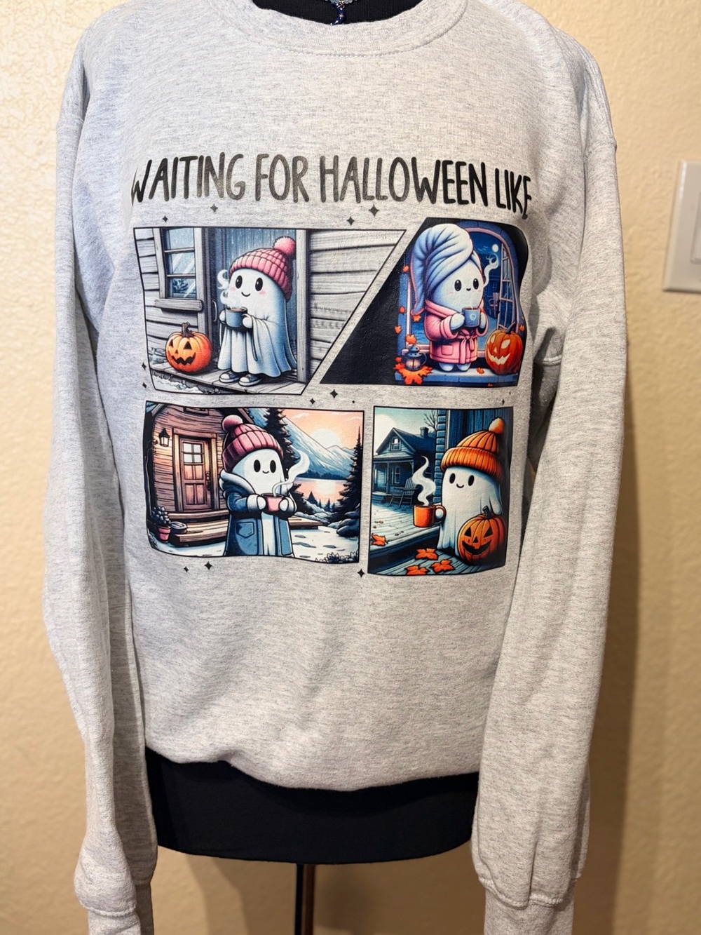 Gray Crewneck Sweatshirt with Halloween Ghost Comic Panels